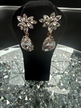 Crystal Bridal Drop Earrings Wedding Statement Teardrop Dangle Gold Tone Formal